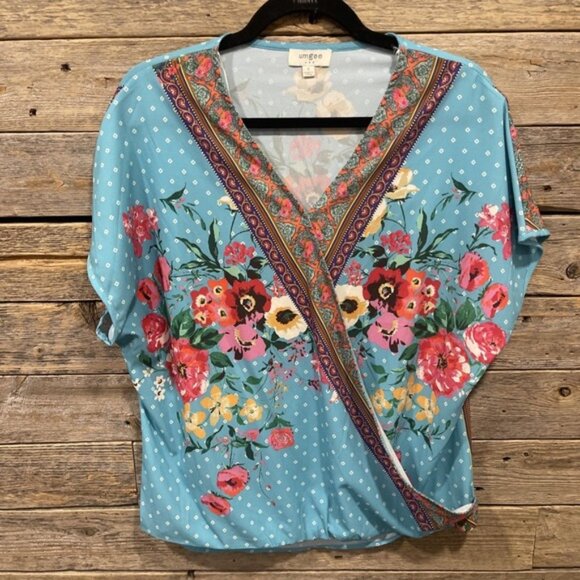 Umgee Women's Teal Floral Wrap Style Blouse Size Small Short Sleeve Loose Fit - Picture 1 of 8